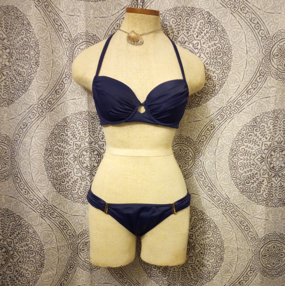 Victoria Secret Two Pcs Navy with Gold Hardware Swimsuit Bikini Size 34B Medium